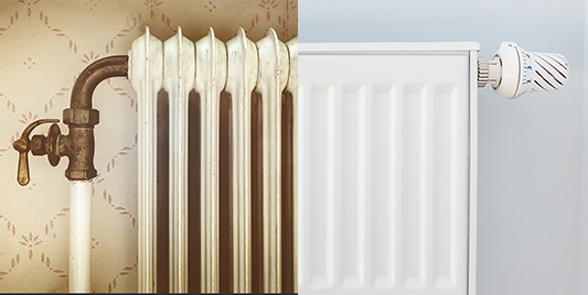 stock photo retro styled image of an old central heating radiator in front of vintage wallpaper 578112370 klein